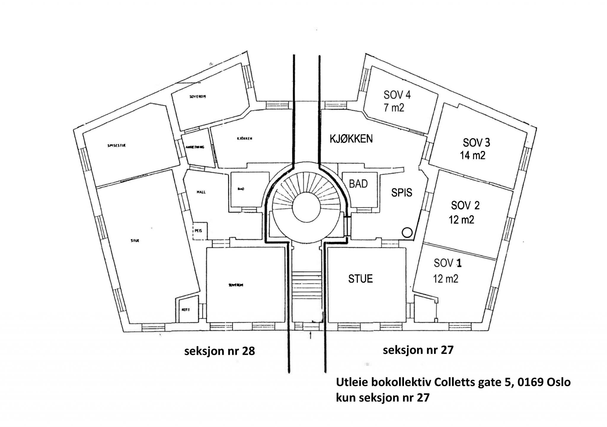 Planløsning seksjonnr. 27. Ledig rom nr. 3.